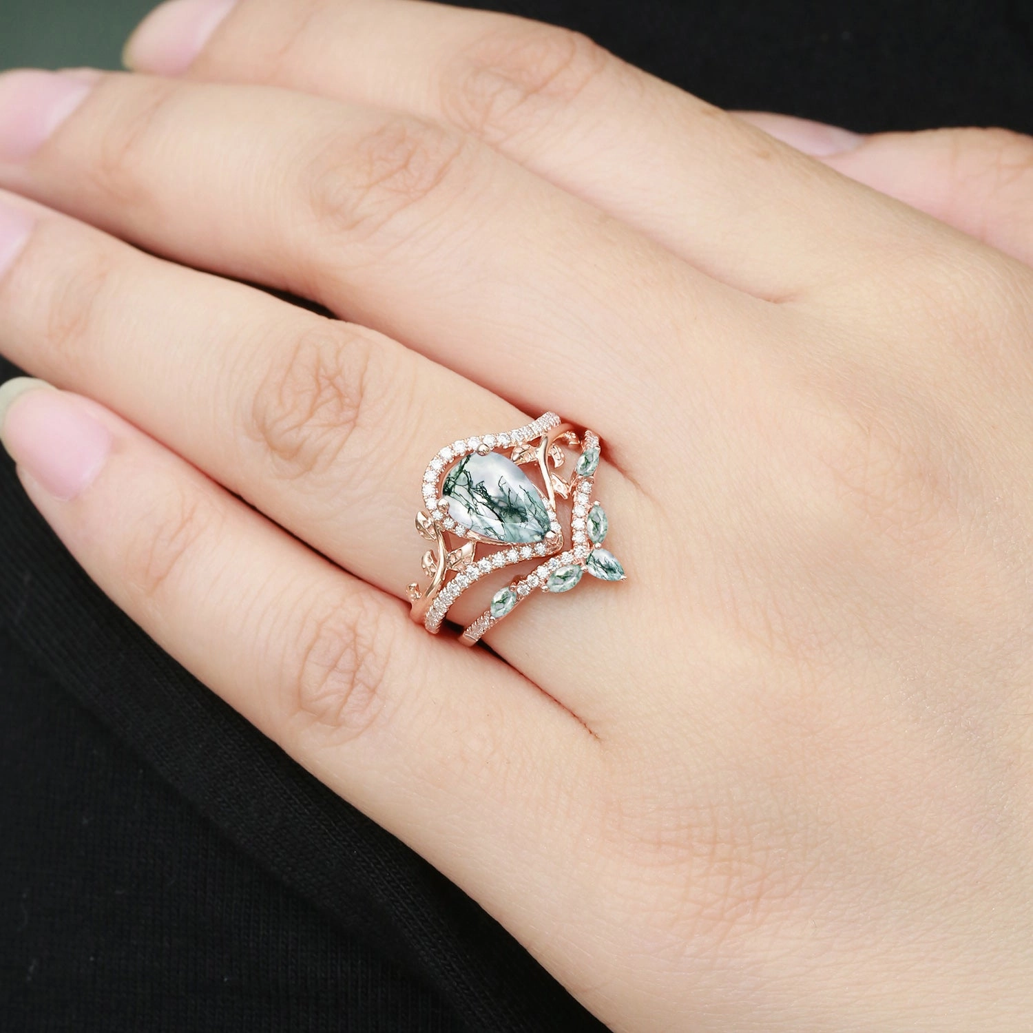 Subtle Elegance Vintage Pear Cut Moss Agate & Moissanite Leafy Ring Set 2pcs - Dalia