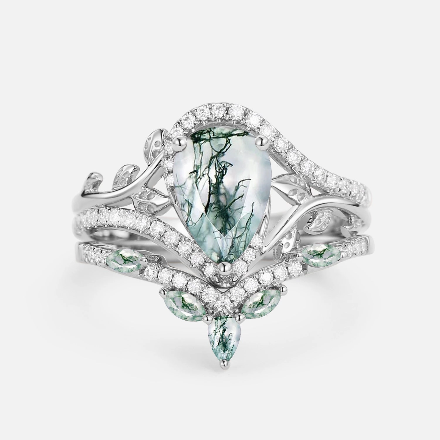 Classic Detailing Work Accent Vintage Pear Cut Moss Agate & Moissanite Leafy Ring Set 2pcs - Dalia
