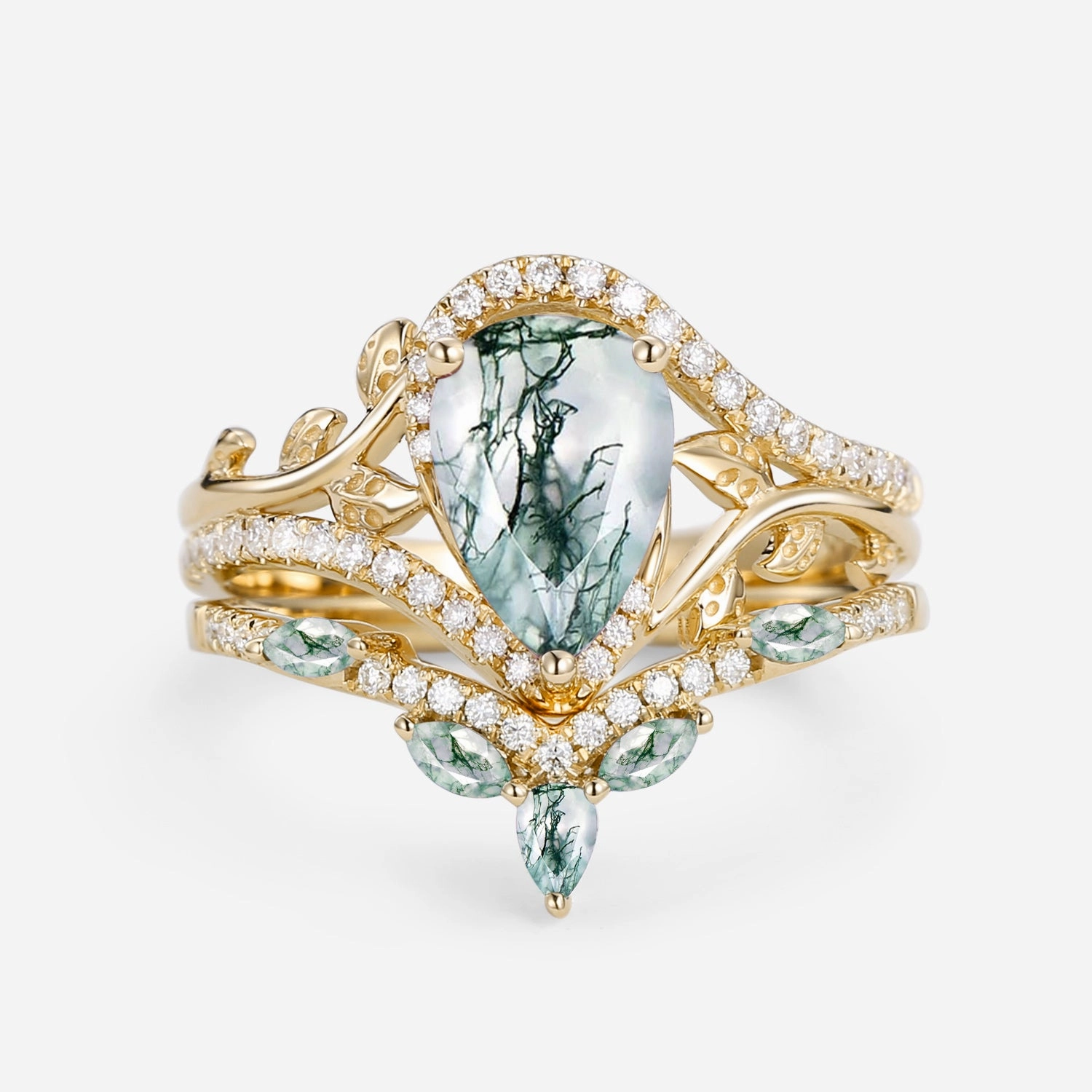 Vintage Pear Cut Moss Agate & Moissanite Leafy Ring Set 2pcs - Dalia Simple Touch