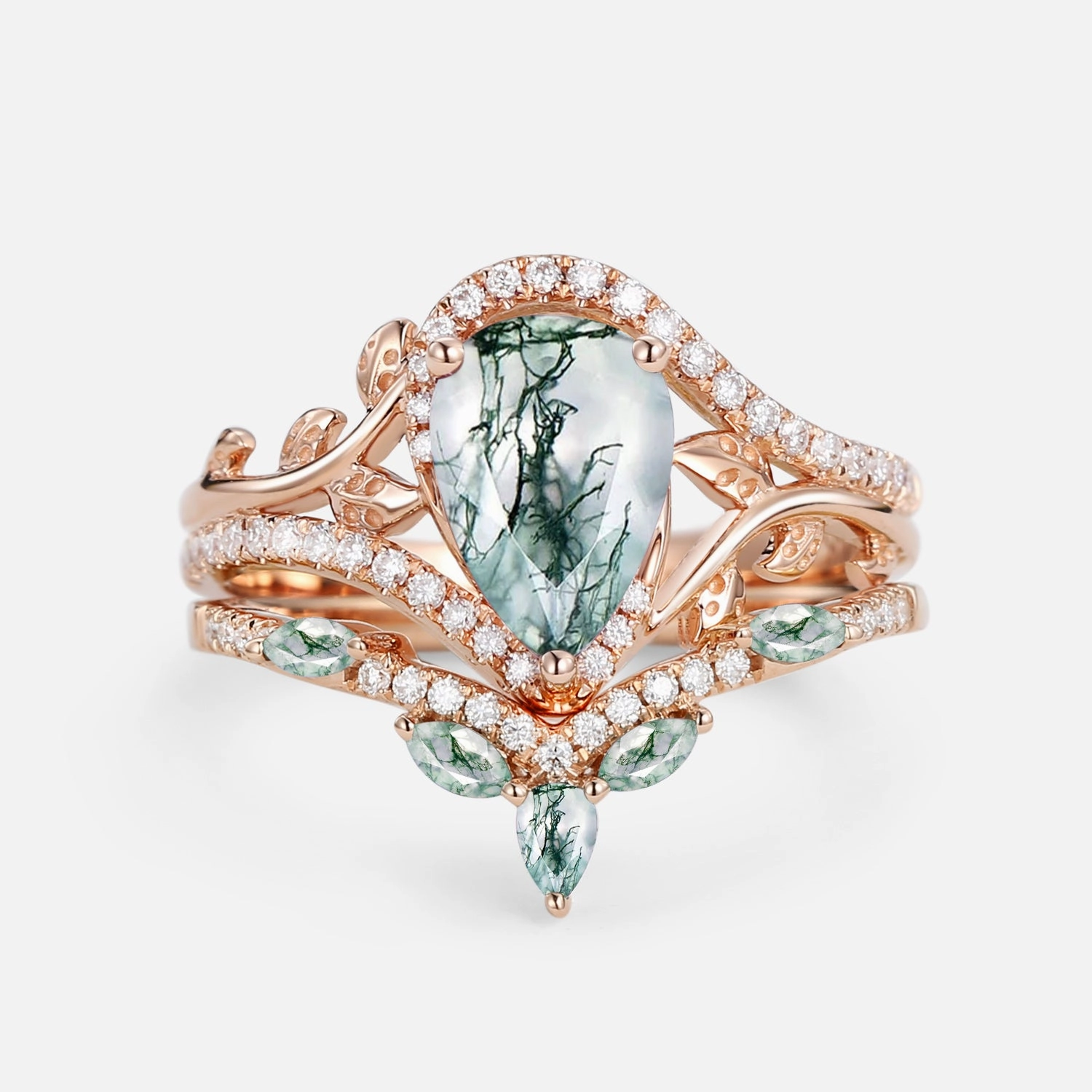 Glam fit Layered Finish Vintage Pear Cut Moss Agate & Moissanite Leafy Ring Set 2pcs - Dalia