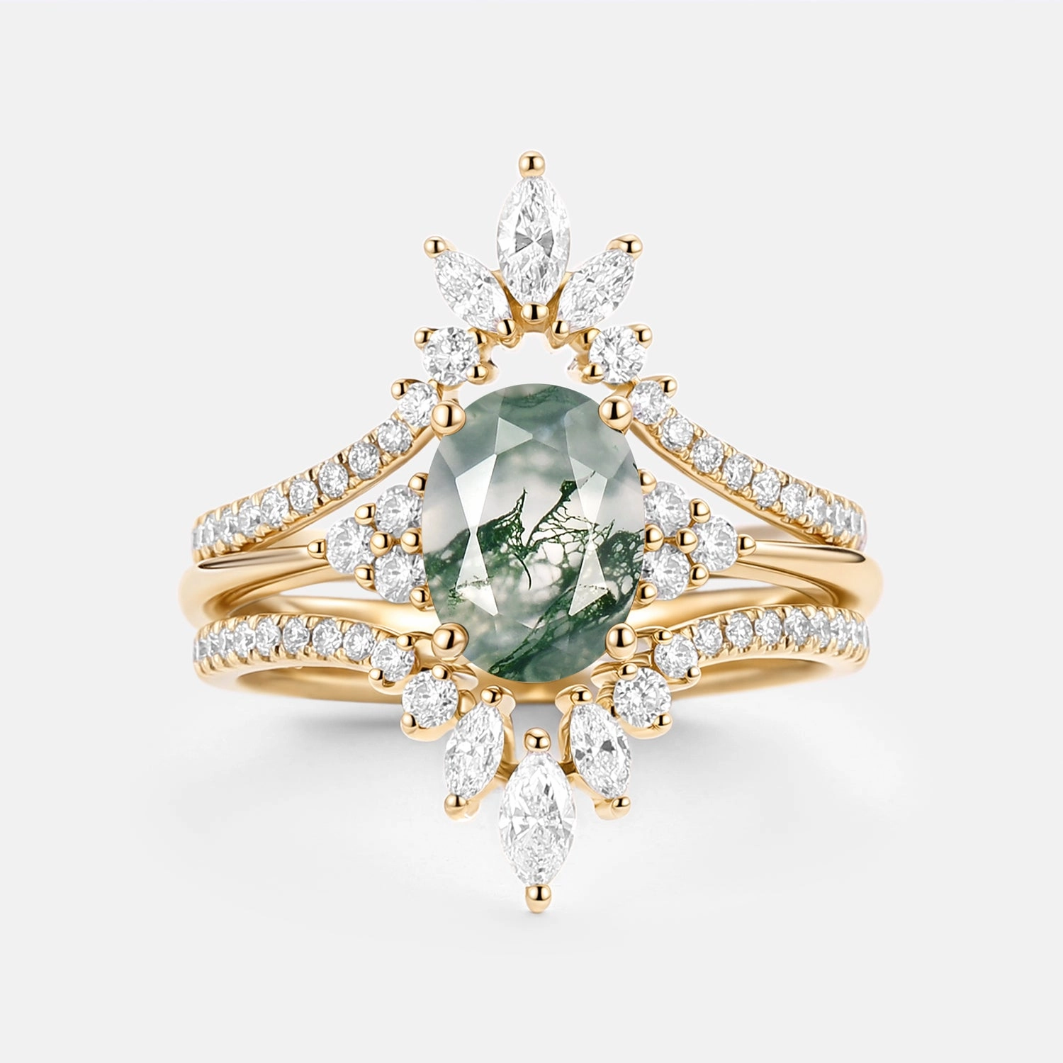 Refined Craftwork Refined Light Oval Cut Moss Agate Classic Cluster Gold Ring Set 3pcs - Chroma