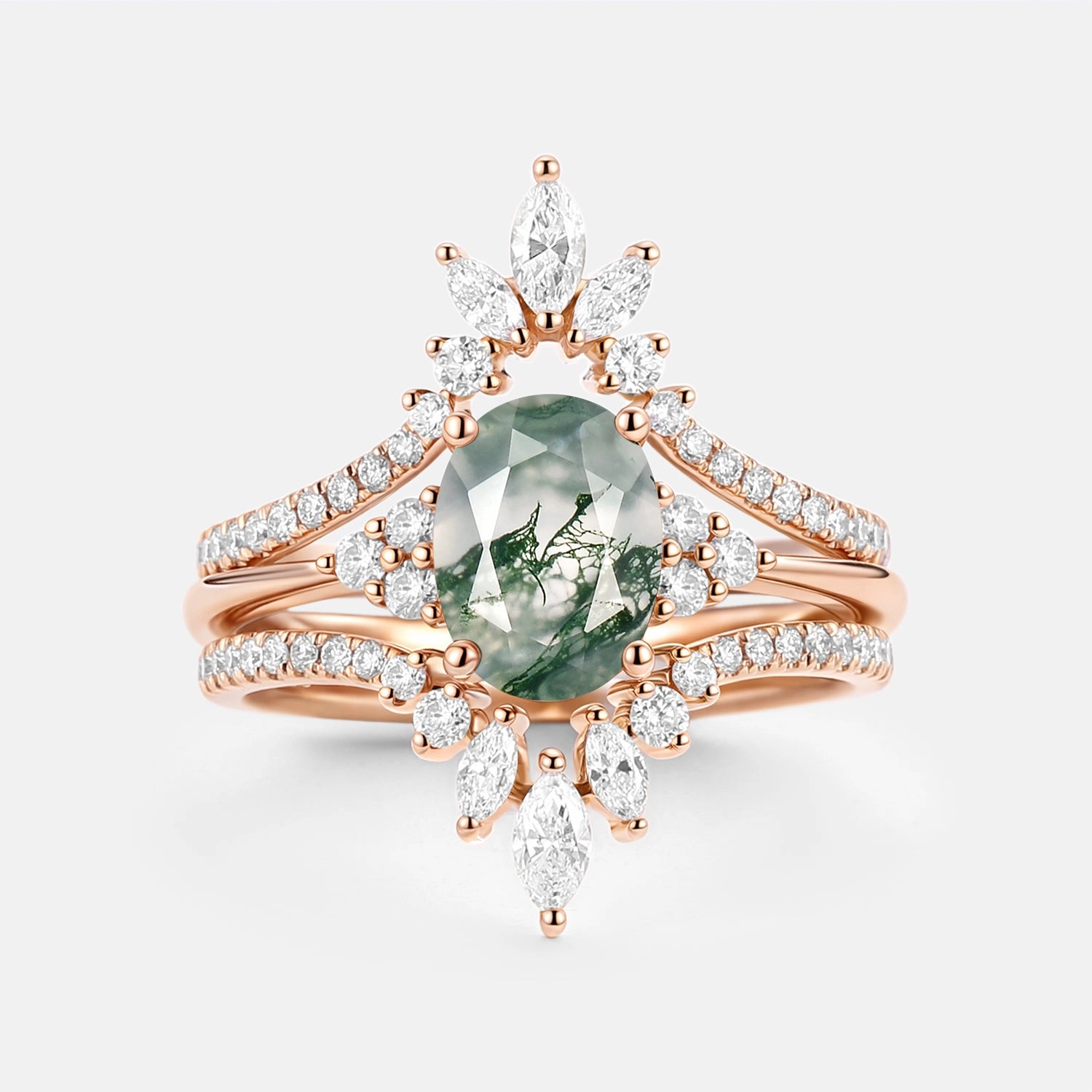 Oval Cut Moss Agate Classic Cluster Gold Ring Set 3pcs - Chroma Sparkling Touch Modern Layer