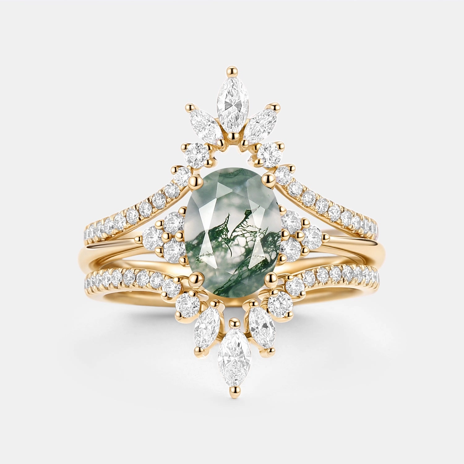 Beautiful Statement Strong Design Oval Cut Moss Agate Classic Cluster Gold Ring Set 3pcs - Chroma