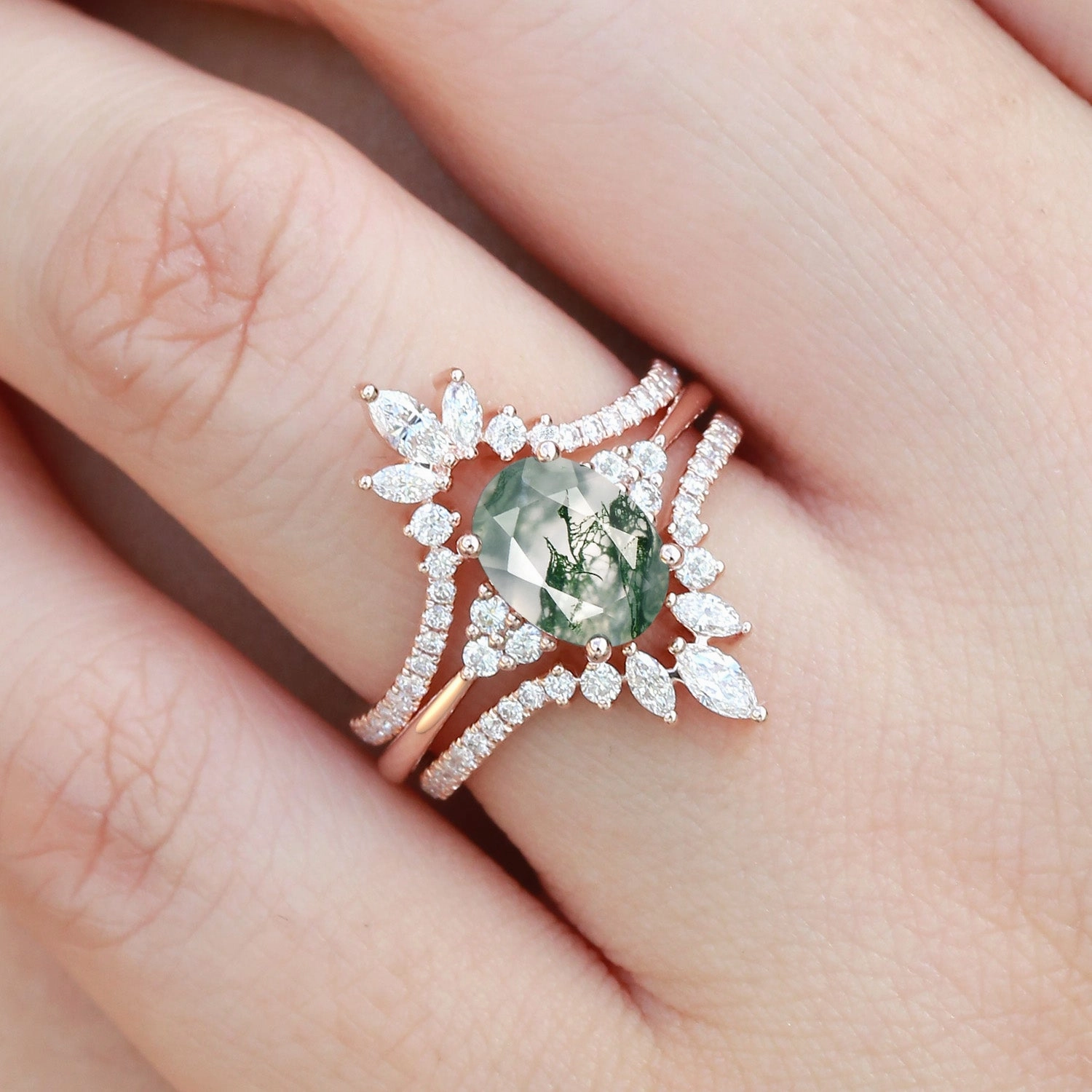 Oval Cut Moss Agate Classic Cluster Gold Ring Set 3pcs - Chroma Brilliant Product