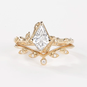 Cute Present Critic Acclaimed Kite Cut Lab Grown Diamond Leafy Engagement Ring Set 2pcs - Jade