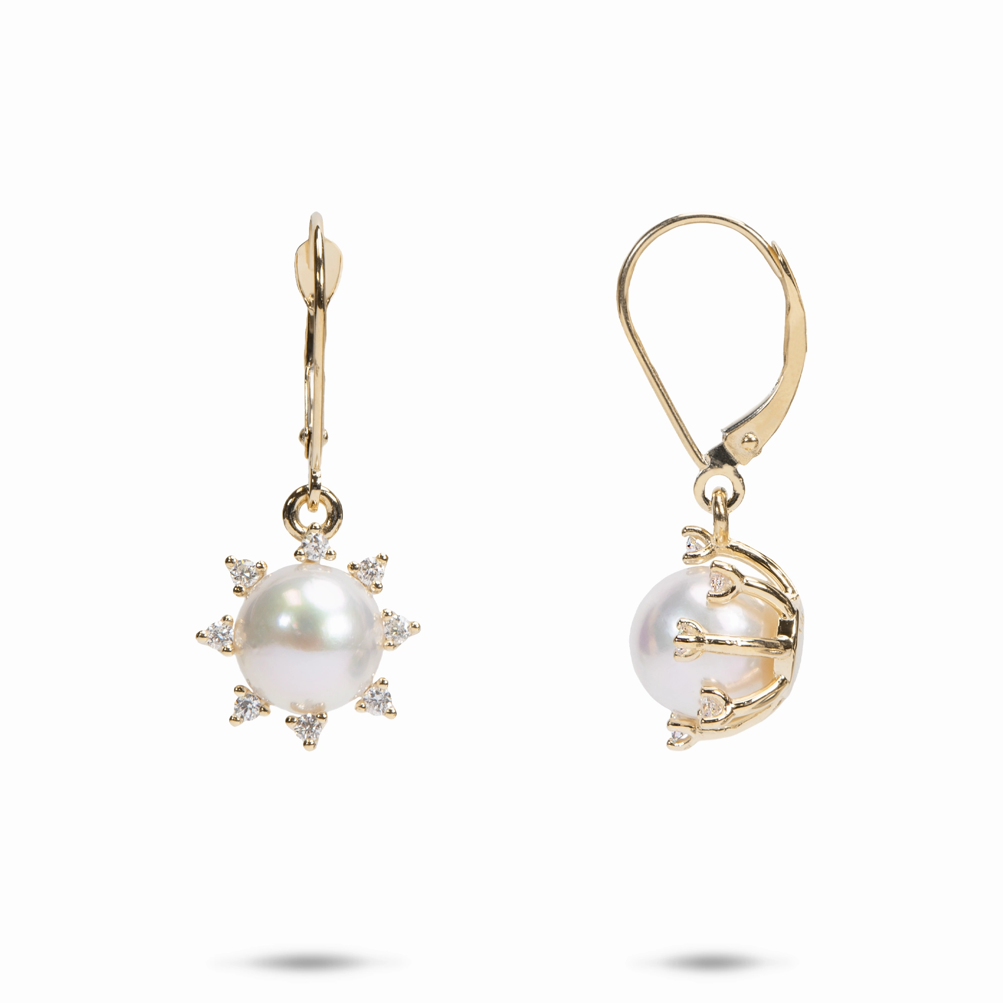 Protea Akoya White Pearl Earrings in Gold with Diamonds - 8mm Occasion Look