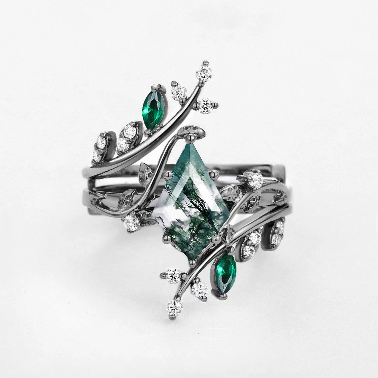 Black Gold Kite Cut Moss Agate & Emerald Cage Leafy Engagement Ring Sets 2pcs All Style Trendy Form