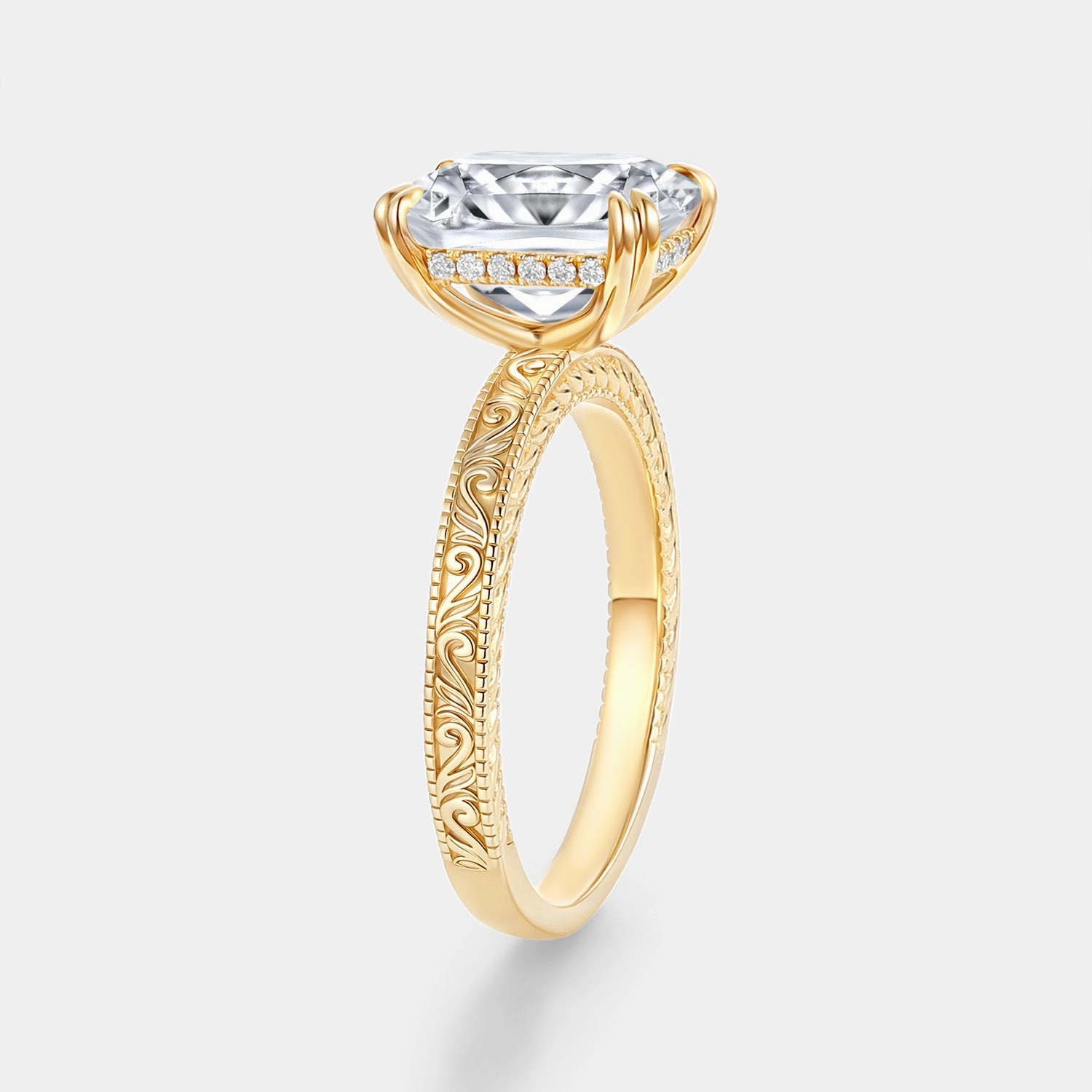 Durable Expression Modern Jewelry Emerald Cut Engraved Lab Grown Diamond Vintage Engagement Ring - Celeste