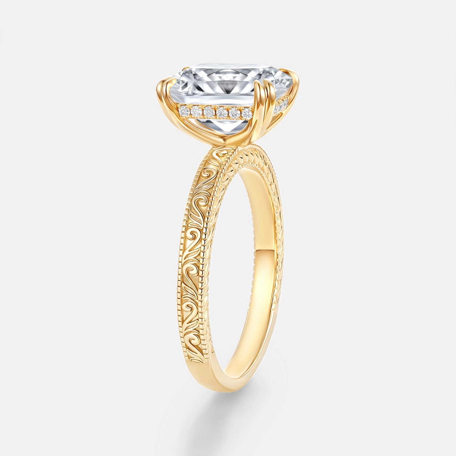 Emerald Cut Engraved Lab Grown Diamond Vintage Engagement Ring - Celeste International Standard Superior Appearance