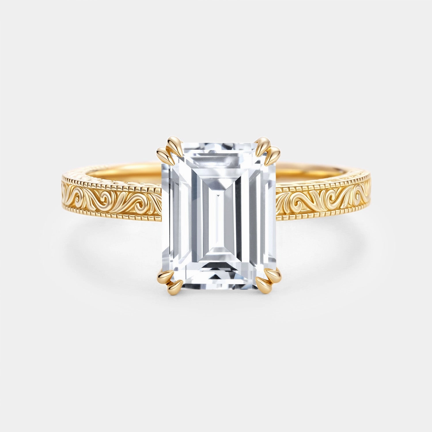 Fashionable Product Trendy Accent Emerald Cut Engraved Lab Grown Diamond Vintage Engagement Ring - Celeste