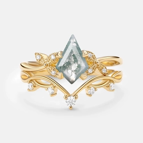 Branch & Leafy Kite Shape Moss Agate Engagement Ring Sets 2pcs - Rachel Enduring Charm