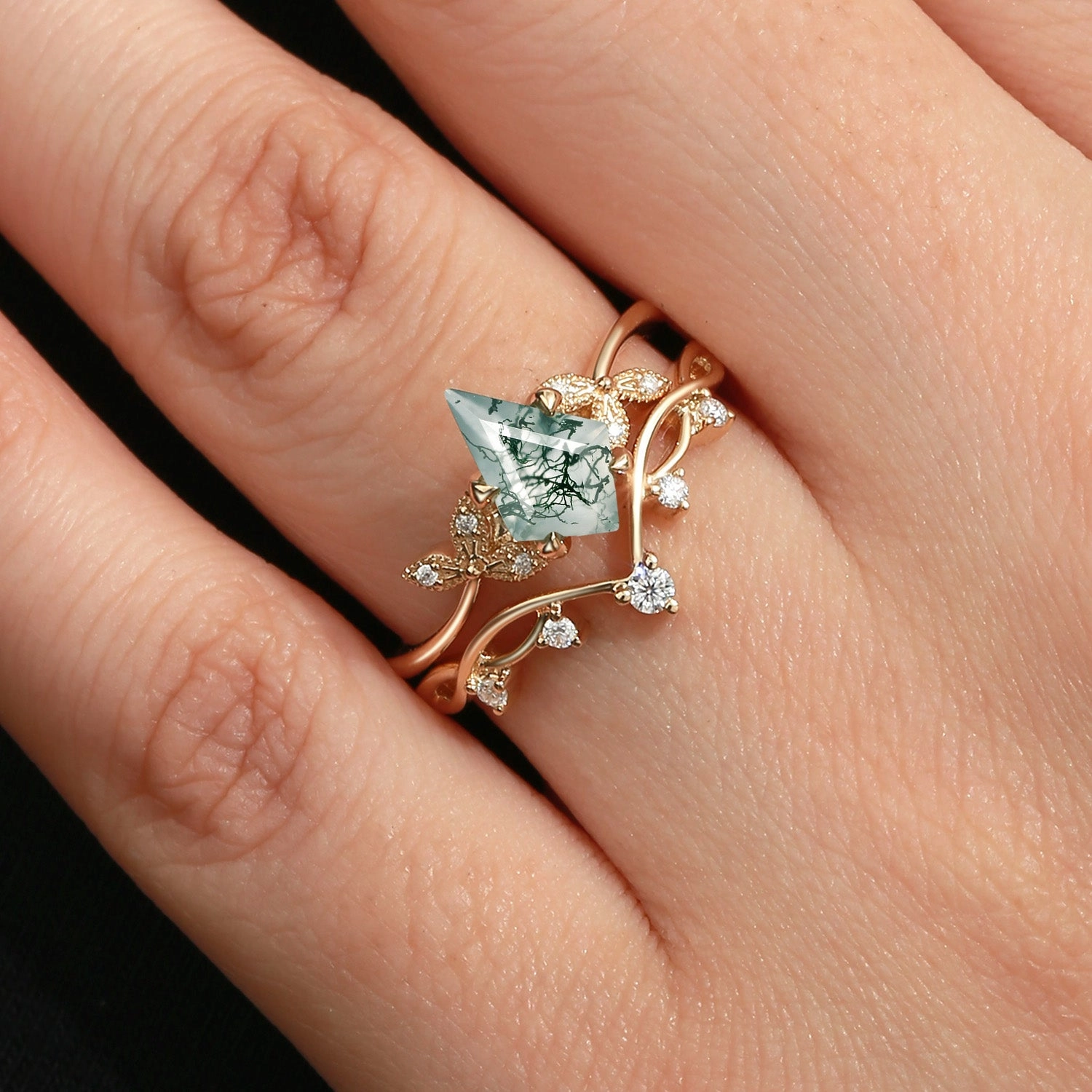 Branch & Leafy Kite Shape Moss Agate Engagement Ring Sets 2pcs - Rachel Personal Work Fine Work