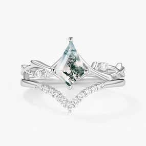 Branch Kite Cut Natural Moss Agate Minimalist Engagement Ring Sets 2pcs - Crest Accent Focus