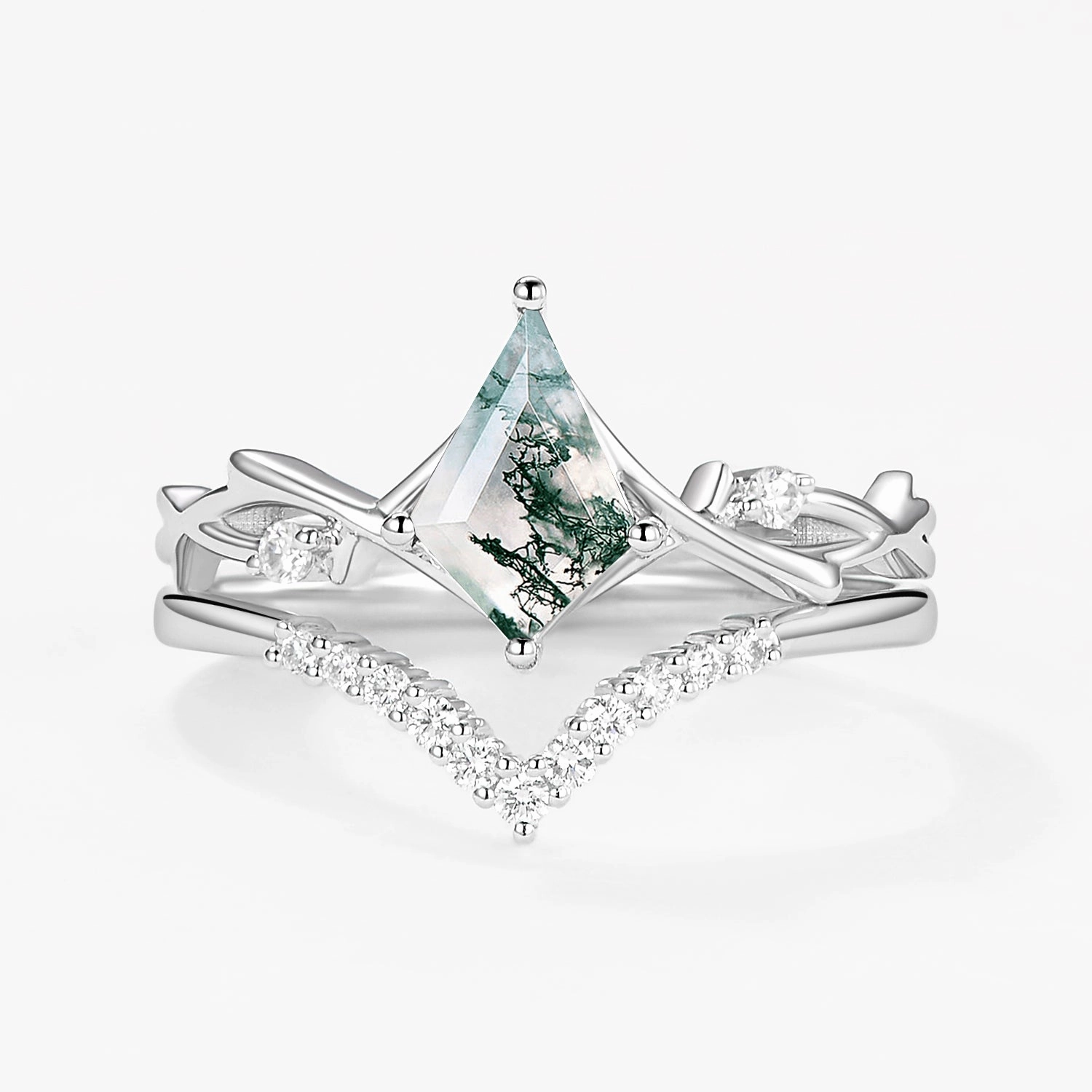 Fashionable Decoration Branch Kite Cut Natural Moss Agate Minimalist Engagement Ring Sets 2pcs - Crest