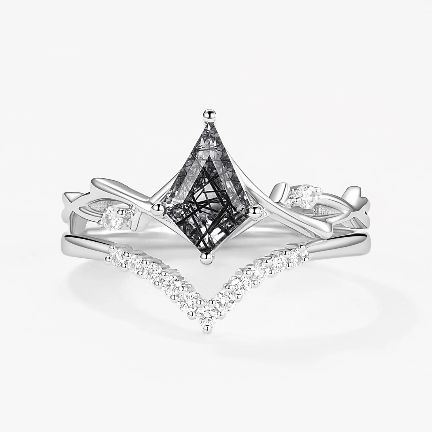 Refined Motion Chic Accent Branch Kite Cut Natural Moss Agate Minimalist Engagement Ring Sets 2pcs - Crest