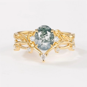 Branches Oval Shaped Moss Agate Leafy Ring Set 2pcs daily accessory