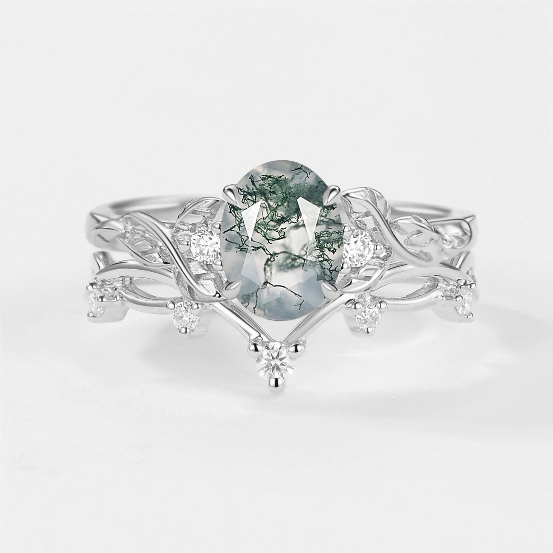 Lightweight Ornament Simple Gift Branches Oval Shaped Moss Agate Leafy Ring Set 2pcs