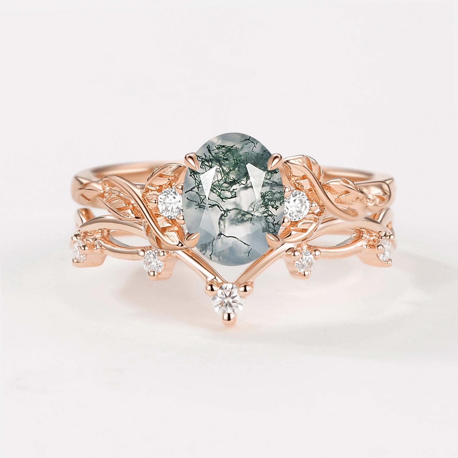 Prom Accessory Branches Oval Shaped Moss Agate Leafy Ring Set 2pcs