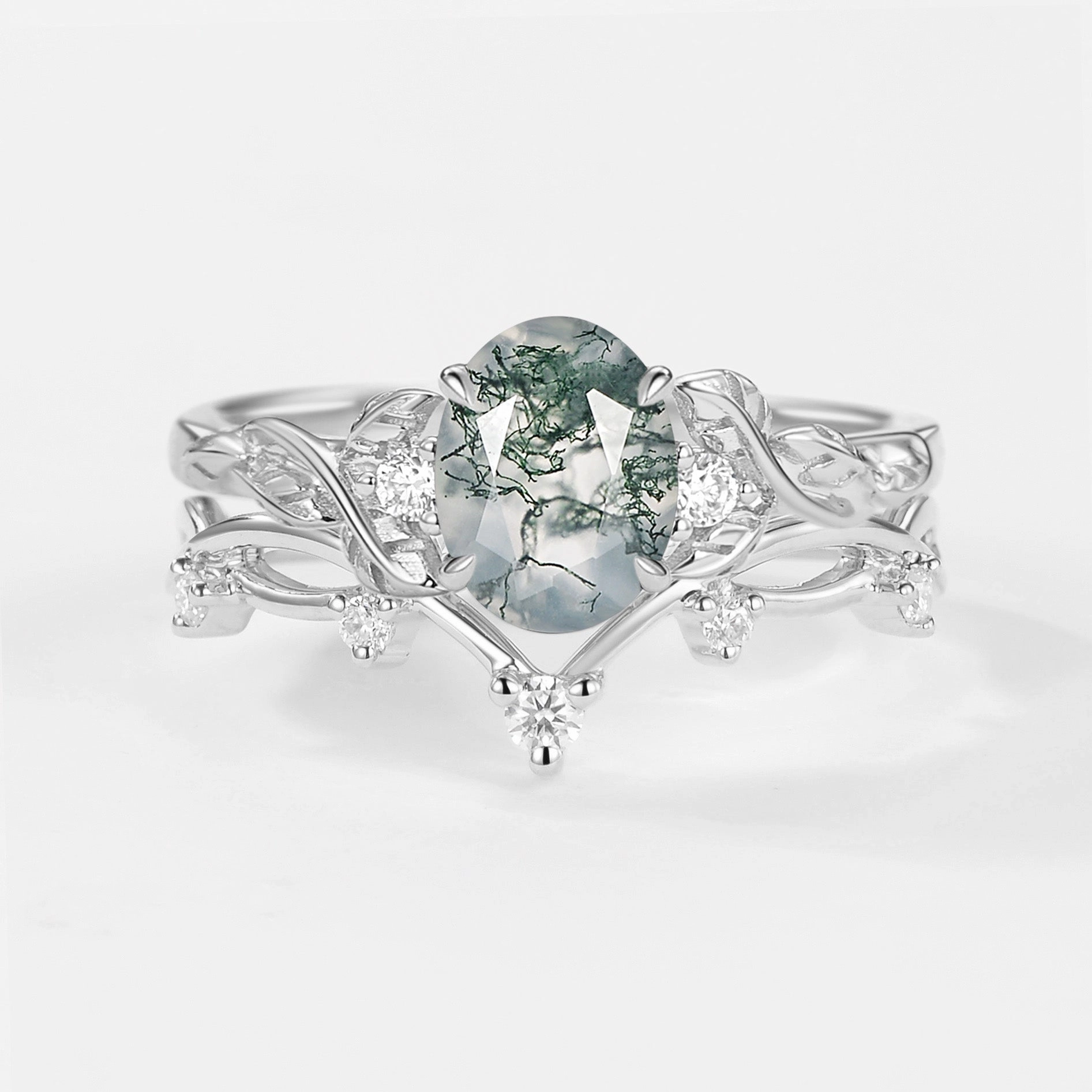 Daily Style Everyday Appeal Branches Oval Shaped Moss Agate Leafy Ring Set 2pcs
