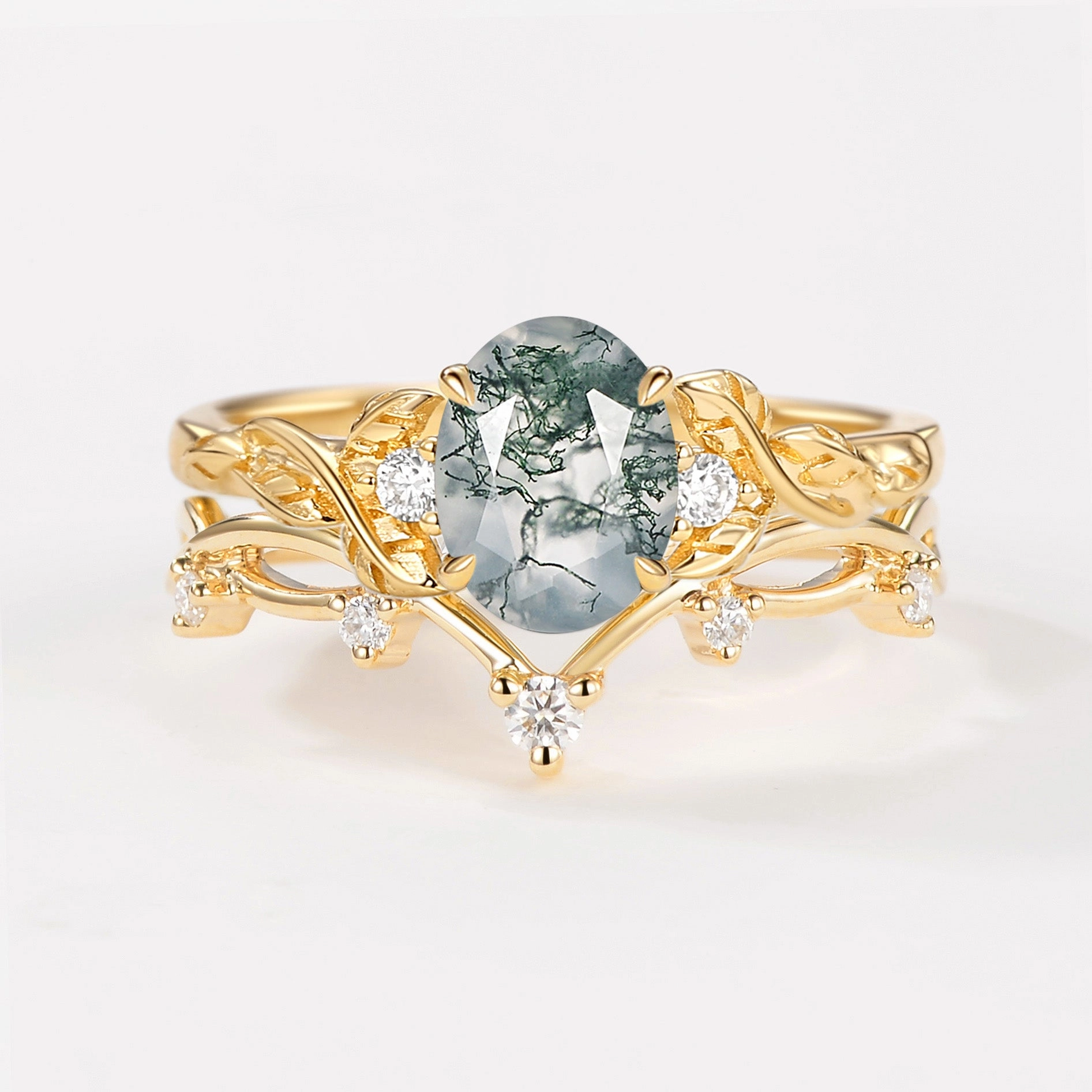 Premium Embellishment Meaningful Accessory Branches Oval Shaped Moss Agate Leafy Ring Set 2pcs