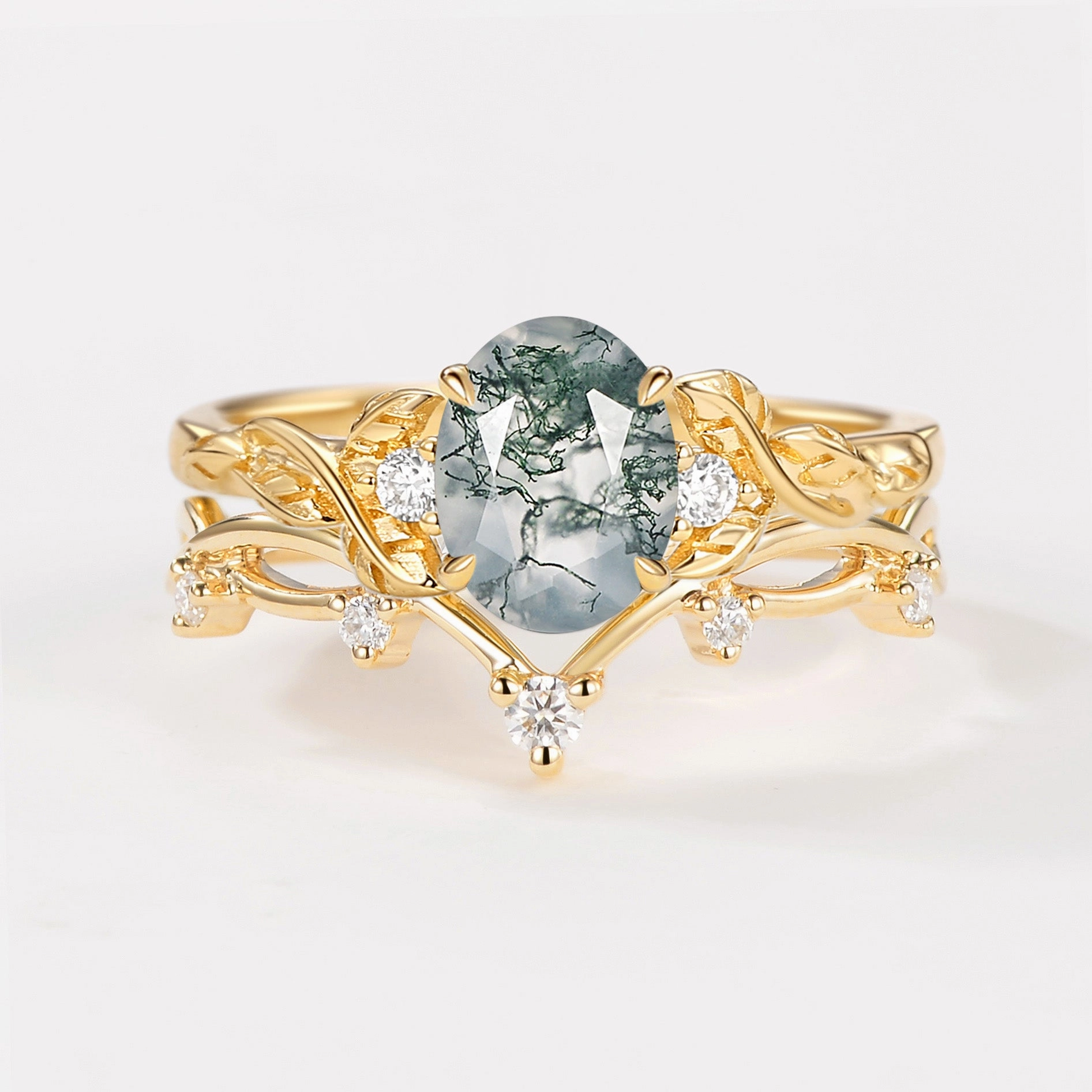 Branches Oval Shaped Moss Agate Leafy Ring Set 2pcs Superior Statement