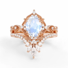 Designer Piece Personal Object 1.5ct Moonstone Signature Vintage Chevron Ring Set 2pcs