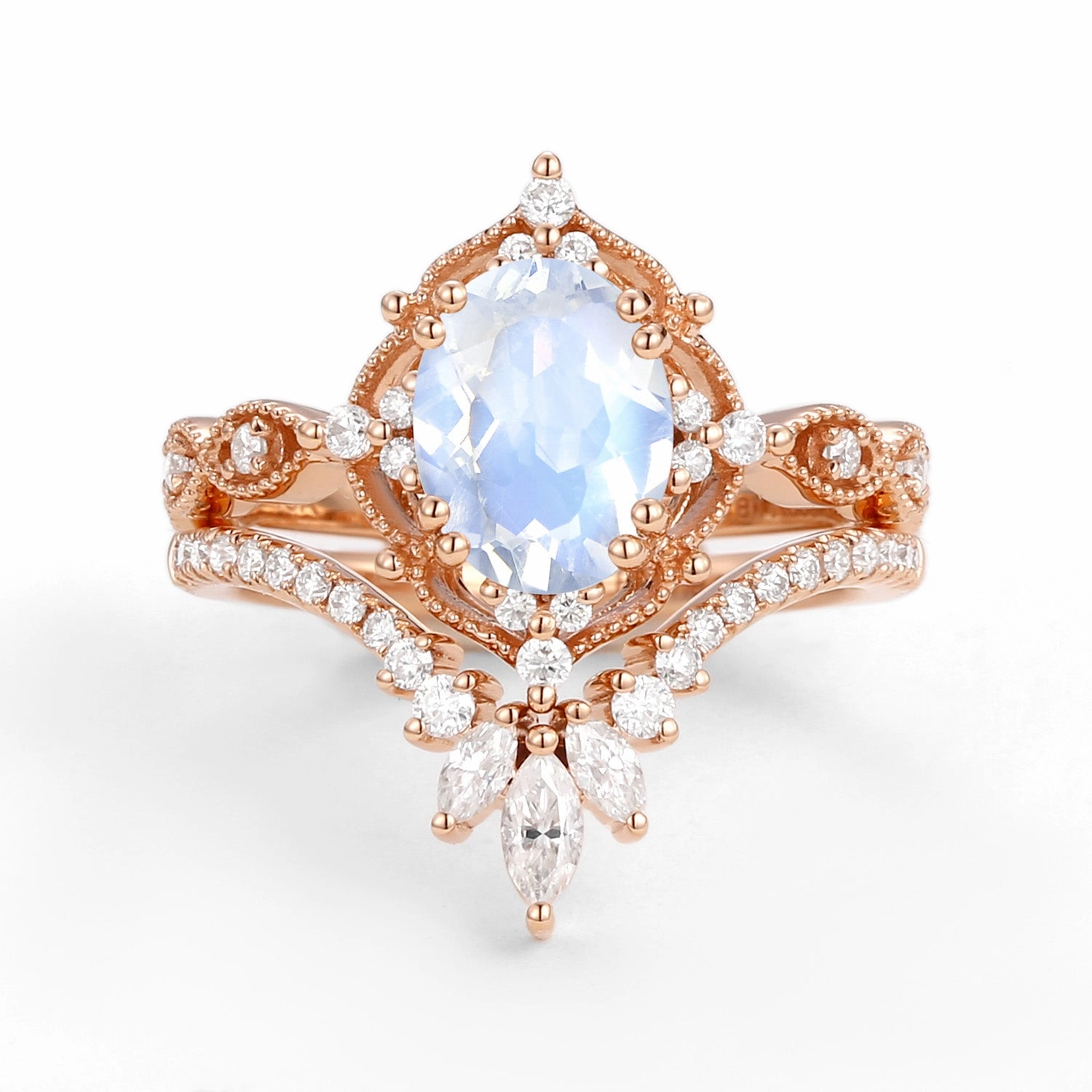 Designer Piece Personal Object 1.5ct Moonstone Signature Vintage Chevron Ring Set 2pcs