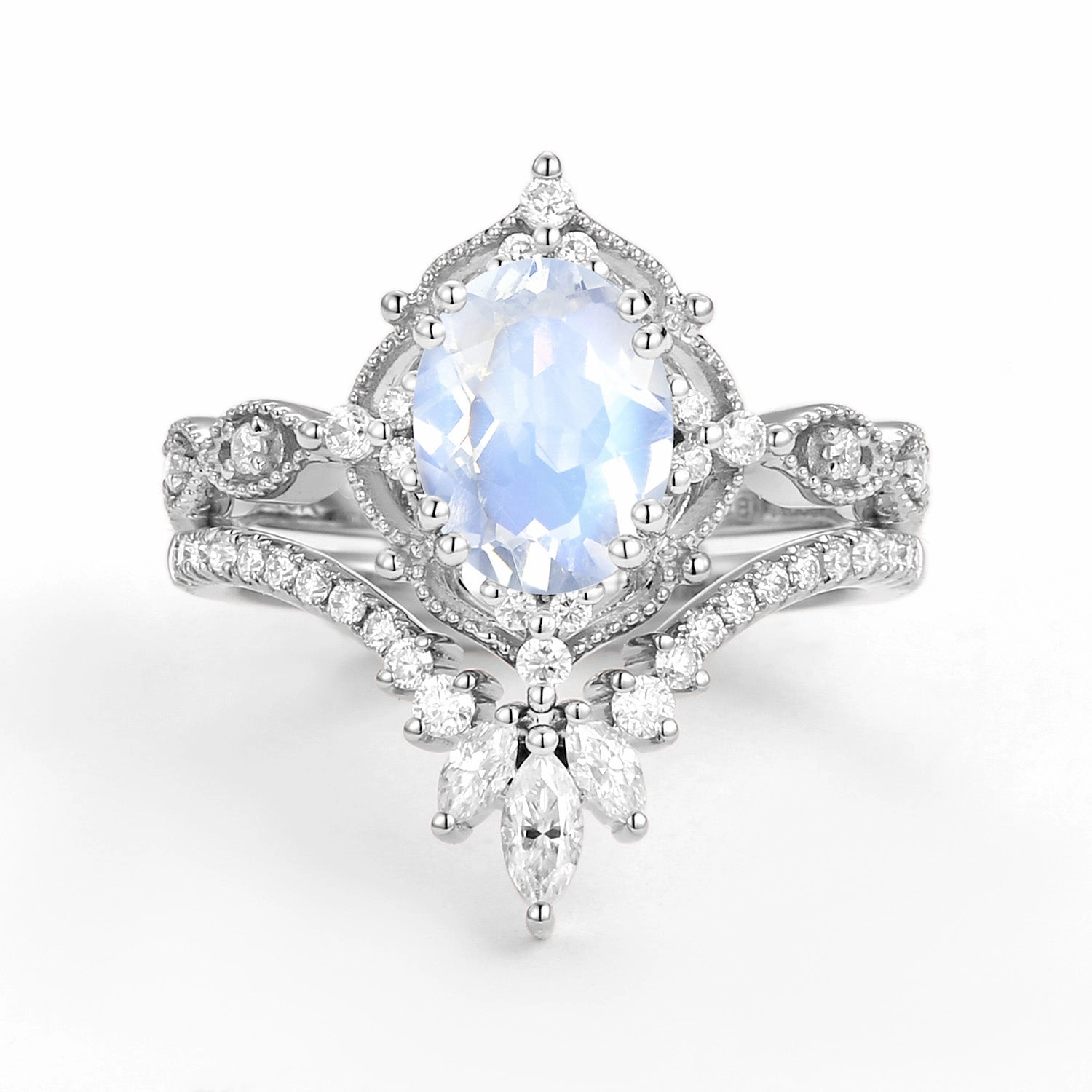 1.5ct Moonstone Signature Vintage Chevron Ring Set 2pcs Stylish Accessory