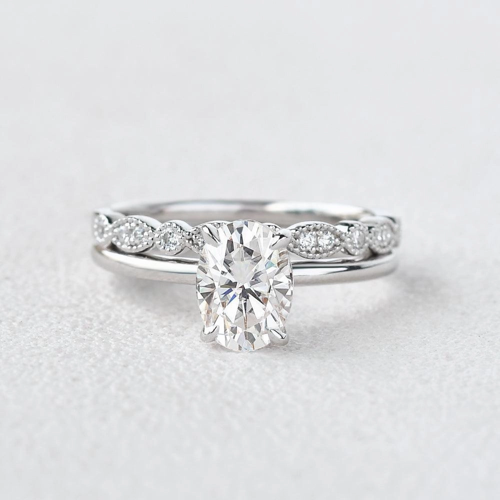 1.5ct Oval Moissanite Vintage Solitaire Ring Set 2pcs Luxury Vibe Sophisticated Sparkle