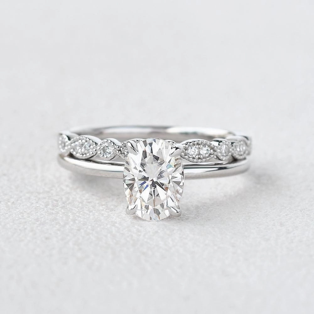 1.5ct Oval Moissanite Vintage Solitaire Ring Set 2pcs Delicate Item Vintage Appearance