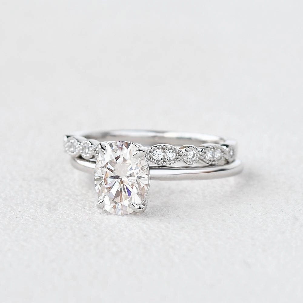 1.5ct Oval Moissanite Vintage Solitaire Ring Set 2pcs Polished Look