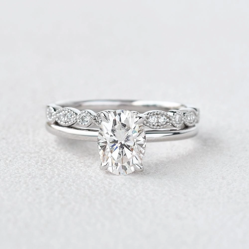 1.5ct Oval Moissanite Vintage Solitaire Ring Set 2pcs Gorgeous style