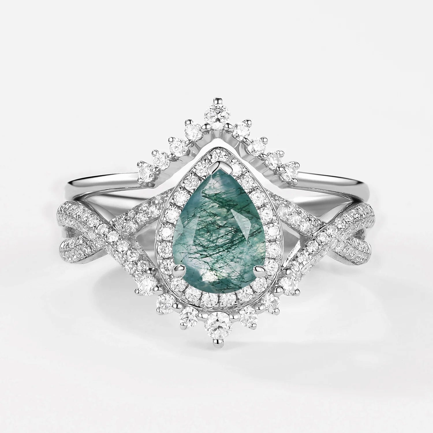Pear Cut Moss Agate Halo Infinity Ring Set 2pcs - Valentina Timeless Pair