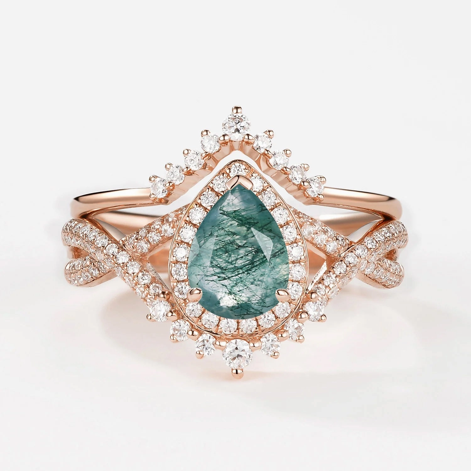 Pear Cut Moss Agate Halo Infinity Ring Set 2pcs - Valentina Functional Appearance Beautiful Decoration