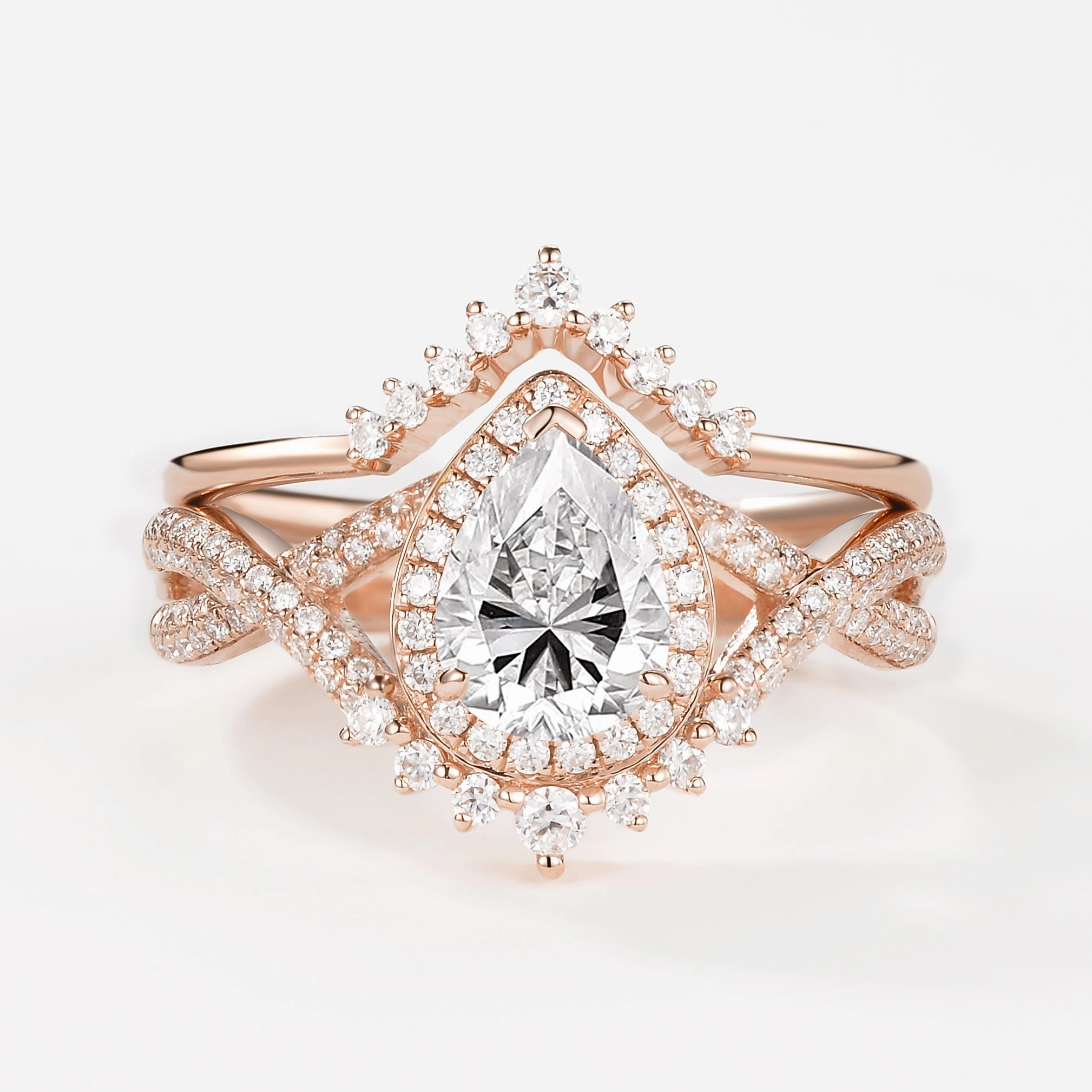 Pear Cut Moss Agate Halo Infinity Ring Set 2pcs - Valentina Luxurious Detail Delicate Piece