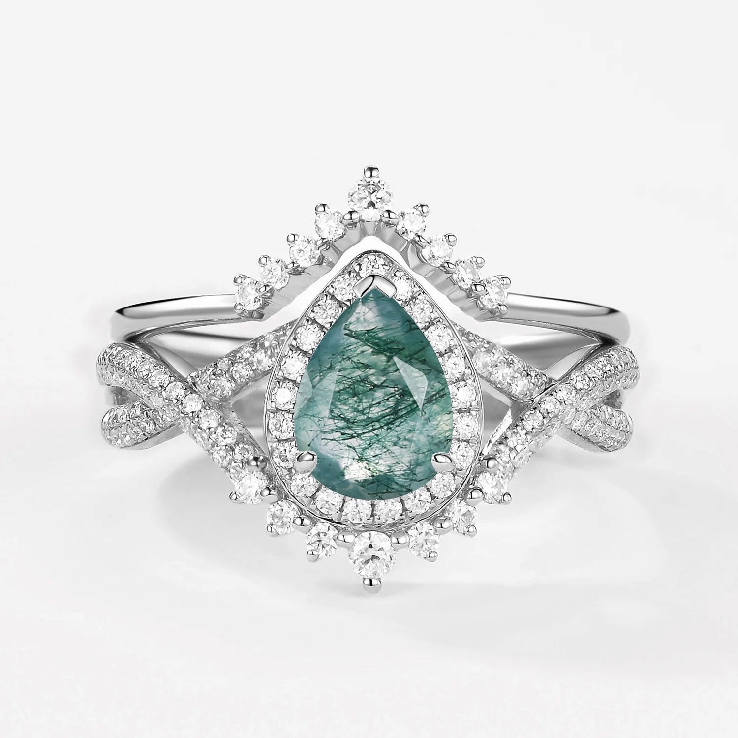 Warm Tone Sentimental Craft Pear Cut Moss Agate Halo Infinity Ring Set 2pcs - Valentina