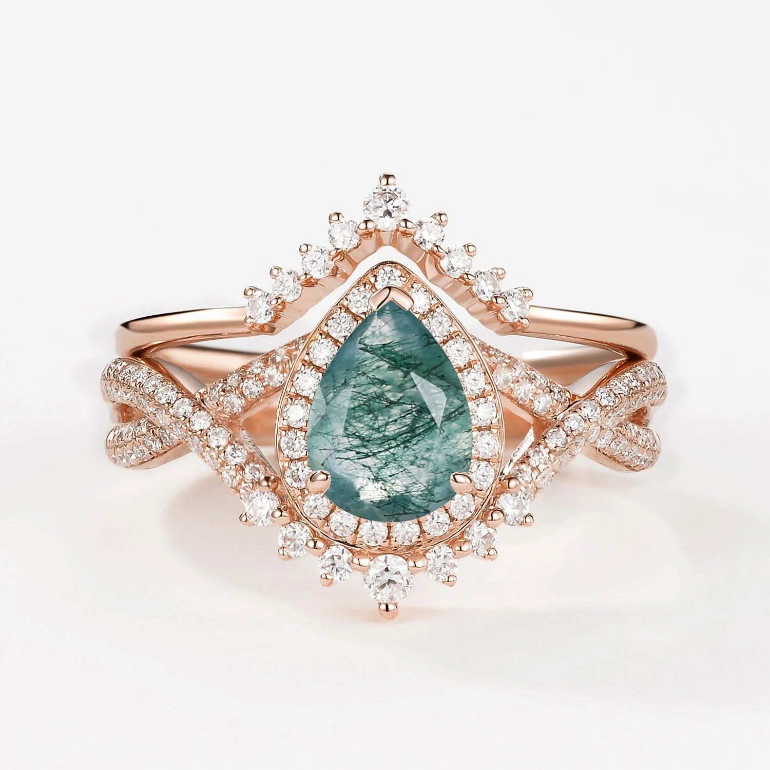 Breezy Style Contemporary Feature Pear Cut Moss Agate Halo Infinity Ring Set 2pcs - Valentina