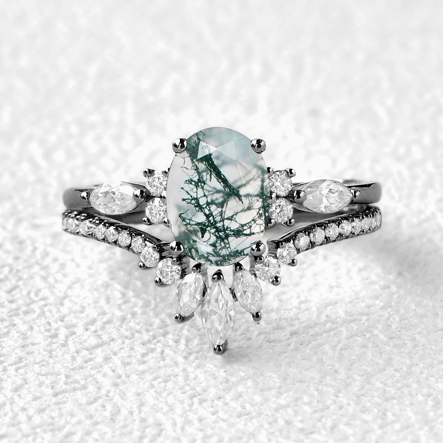 Black Gold 1.5ct Oval Cut Moss Agate Engagement Ring Set 2pcs Vintage Accent