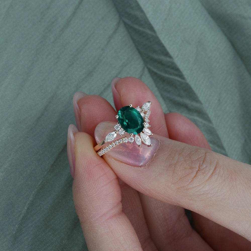 Black Gold 1.5ct Oval Cut Moss Agate Engagement Ring Set 2pcs Rich Texture