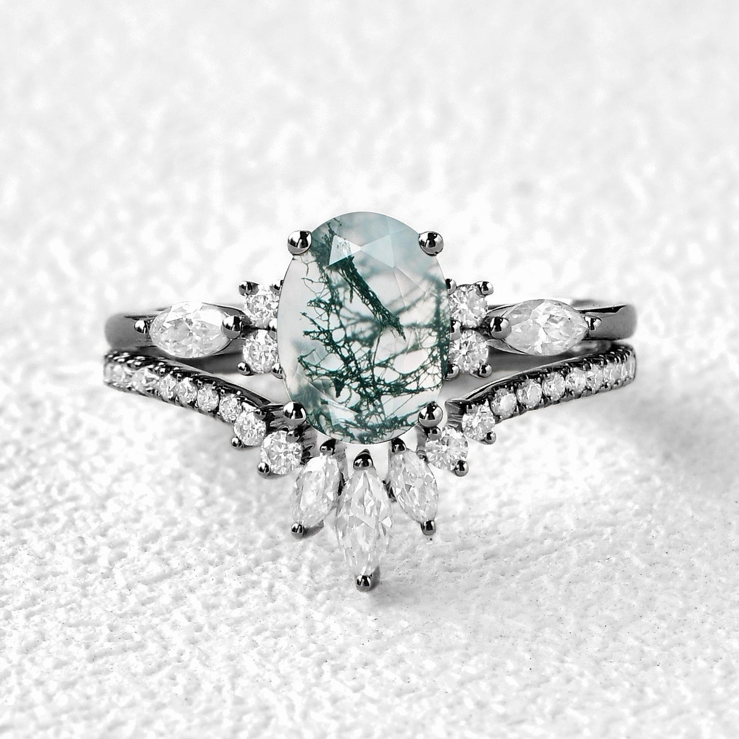 Exclusive Design Black Gold 1.5ct Oval Cut Moss Agate Engagement Ring Set 2pcs