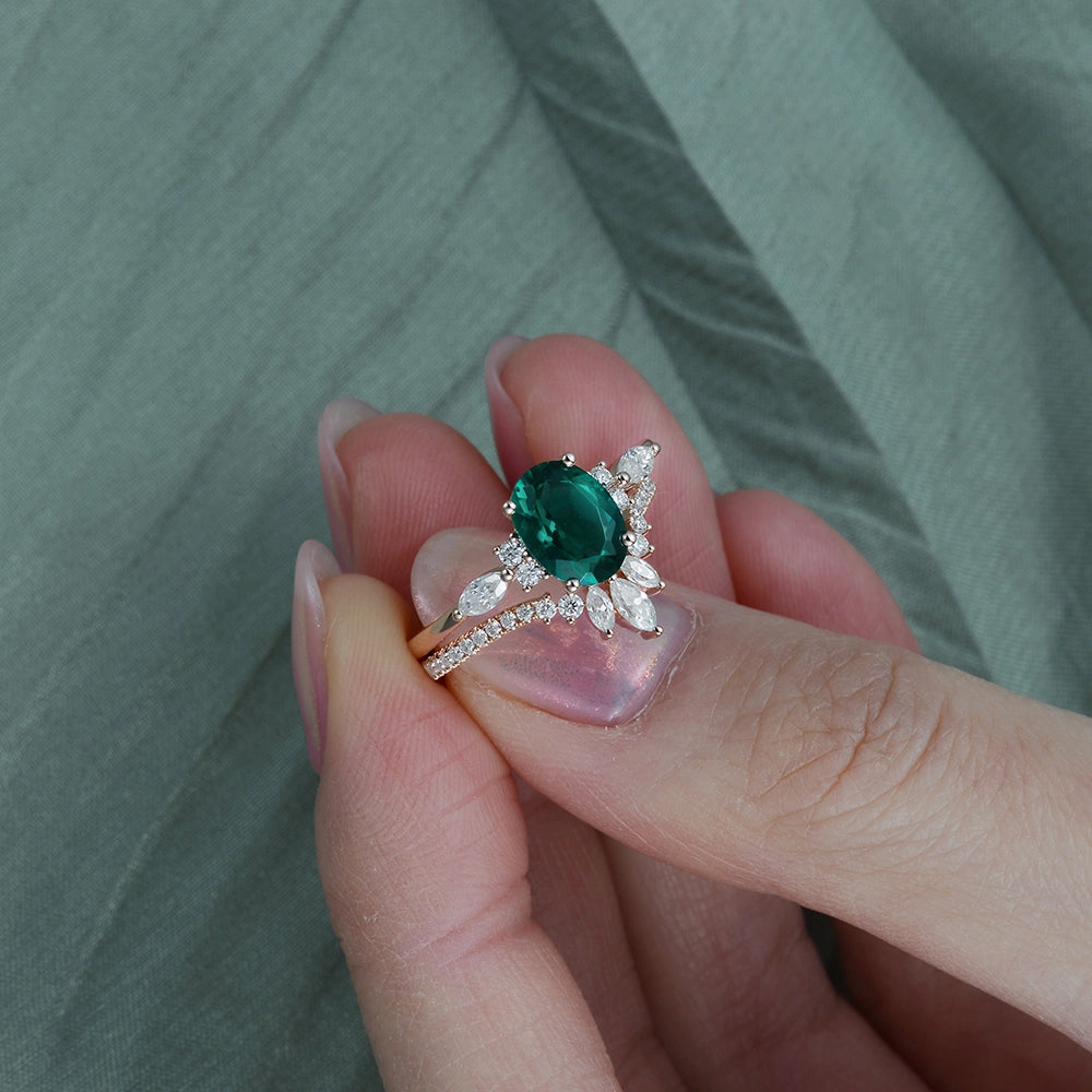 Black Gold 1.5ct Oval Cut Moss Agate Engagement Ring Set 2pcs Elegant Details