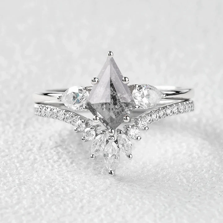 Exclusive Design Artistic Form Salt and Pepper Diamonds Three Stone Engagement Ring Set 2pcs