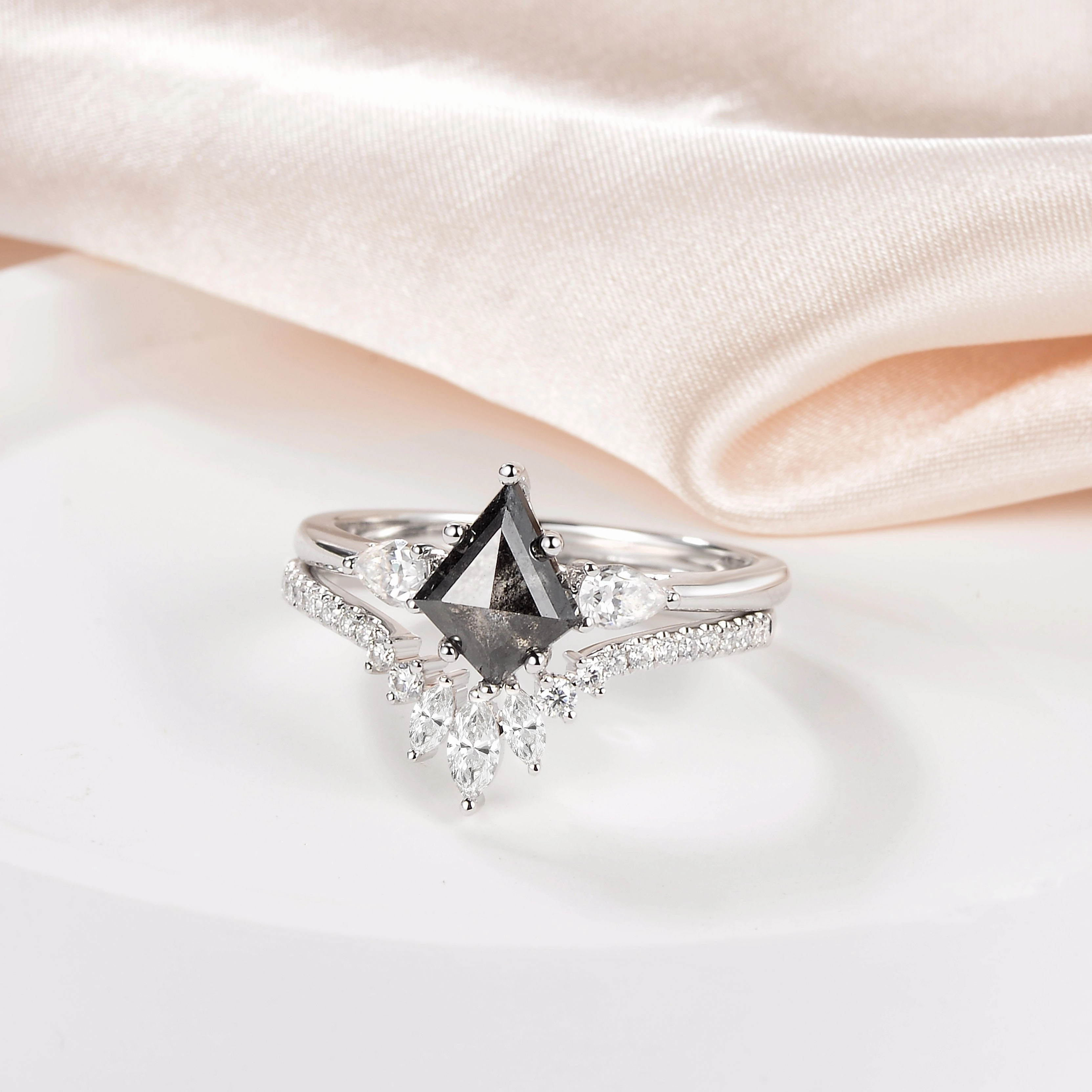 Salt and Pepper Diamonds Three Stone Engagement Ring Set 2pcs Rich Detailing City Style