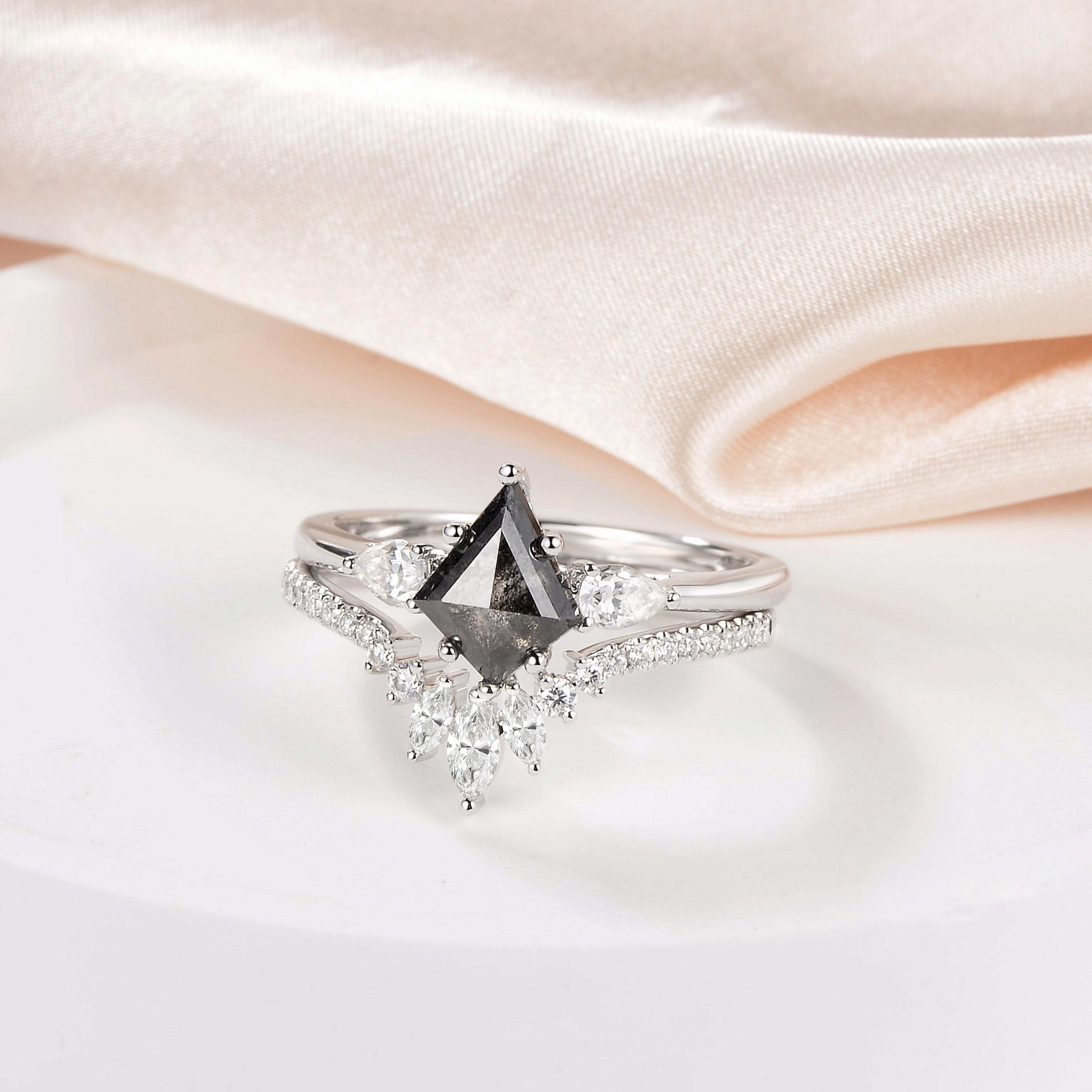 Perfect Accent Salt and Pepper Diamonds Three Stone Engagement Ring Set 2pcs