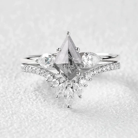 Salt and Pepper Diamonds Three Stone Engagement Ring Set 2pcs Sleek Style