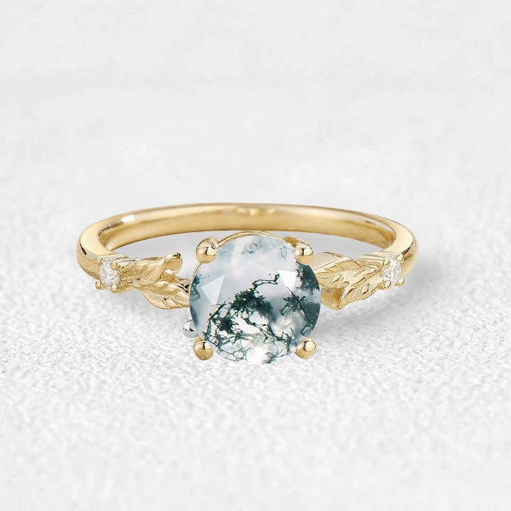 Unique product 1.0ct Round Cut Moss Agate Cute Leafy Engagement Ring