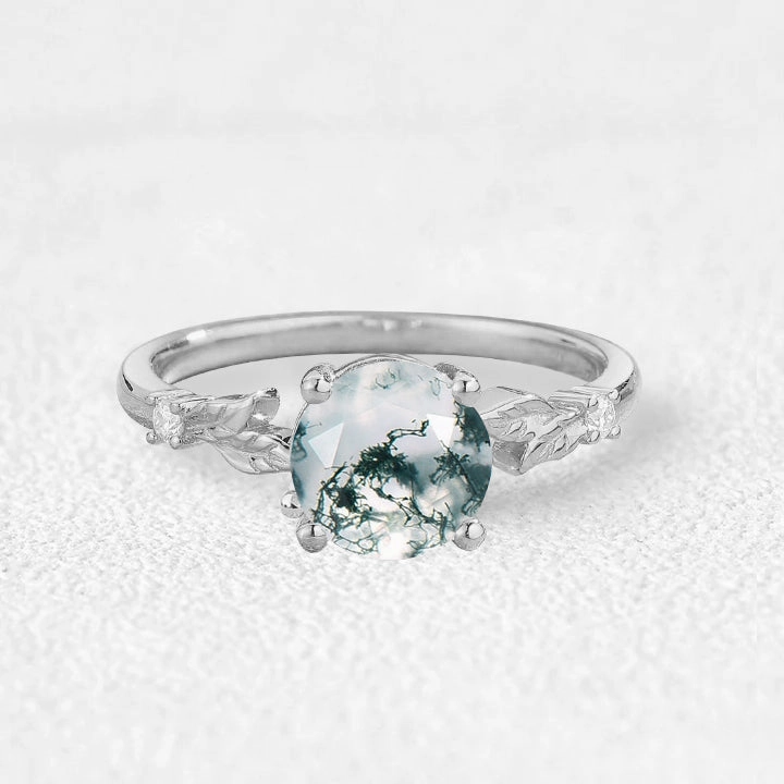 Sleek Shape 1.0ct Round Cut Moss Agate Cute Leafy Engagement Ring
