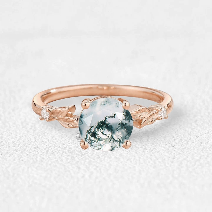 1.0ct Round Cut Moss Agate Cute Leafy Engagement Ring Ethereal Mood