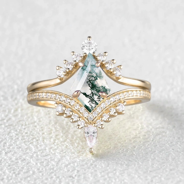 Matte Look Kite Cut Moss Agate Deep V Chevron Engagement Ring Set 2pcs