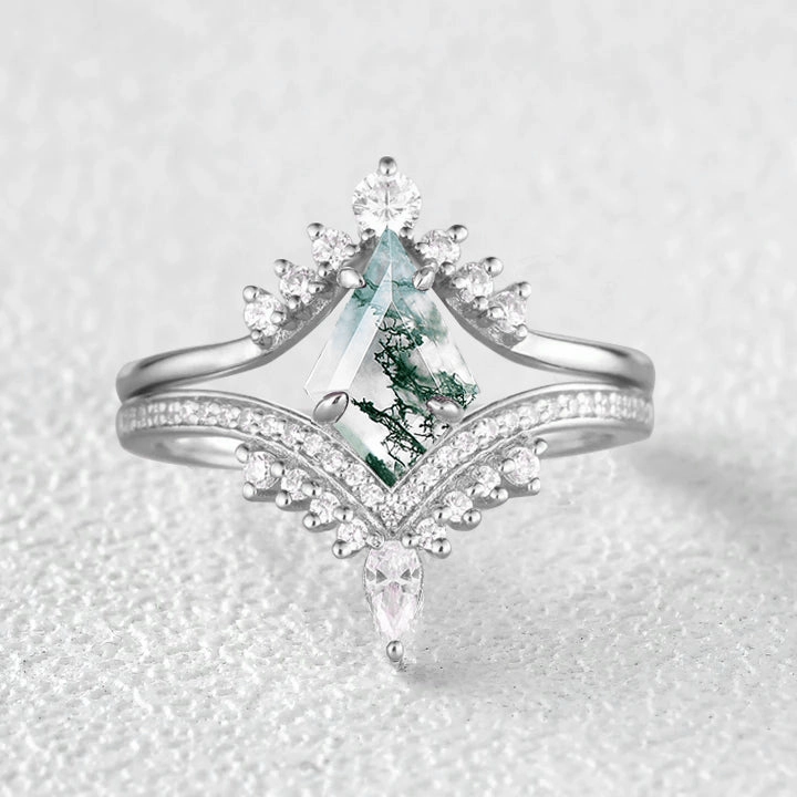 Glamorous Ornament Budget Art Kite Cut Moss Agate Deep V Chevron Engagement Ring Set 2pcs